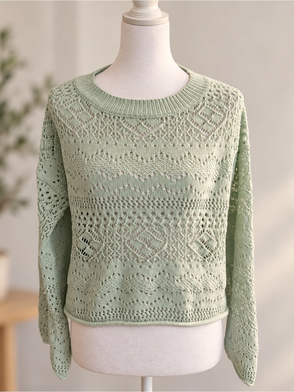 Hippie Rose Light Sage Openwork Knit Crewneck Sweater